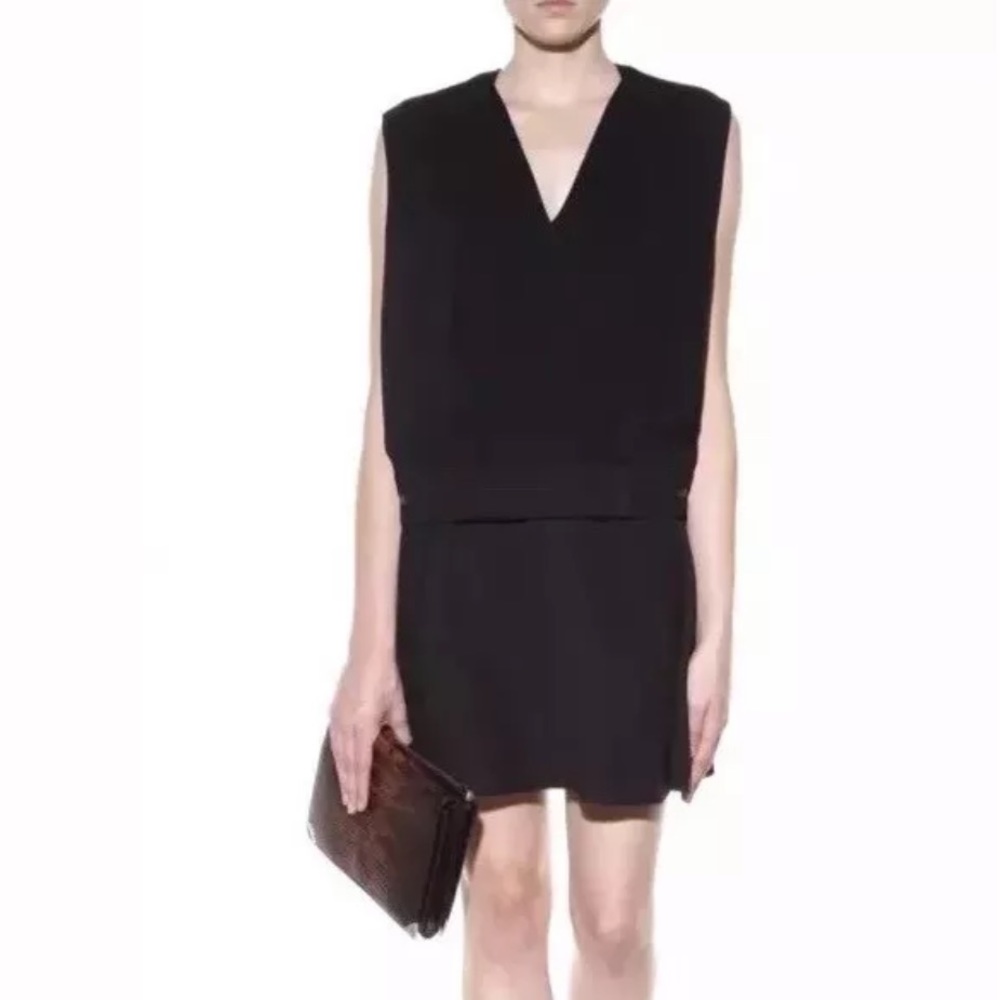 ALEXANDER WANG Draped Drop Waist Blouson Leather Trim Dress